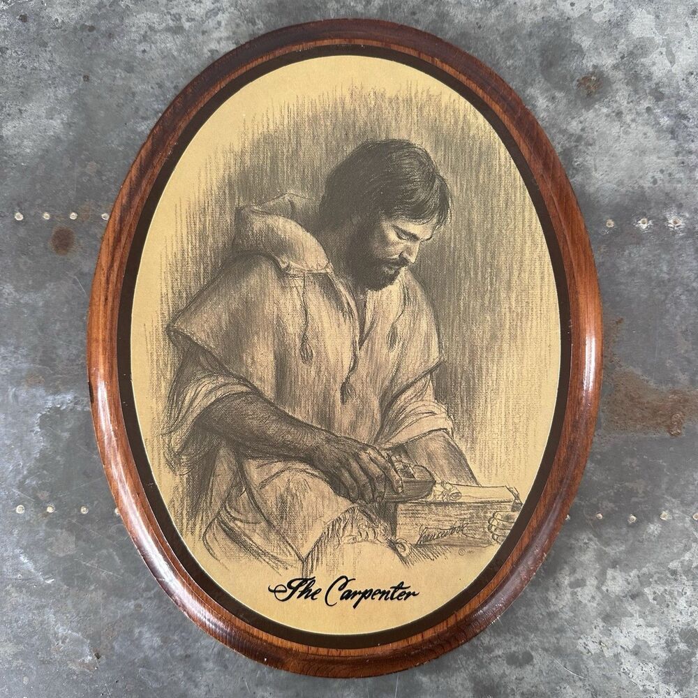 Vintage 80s The Carpenter Jesus Portrait Oval Wood Wall Art Frances Hook